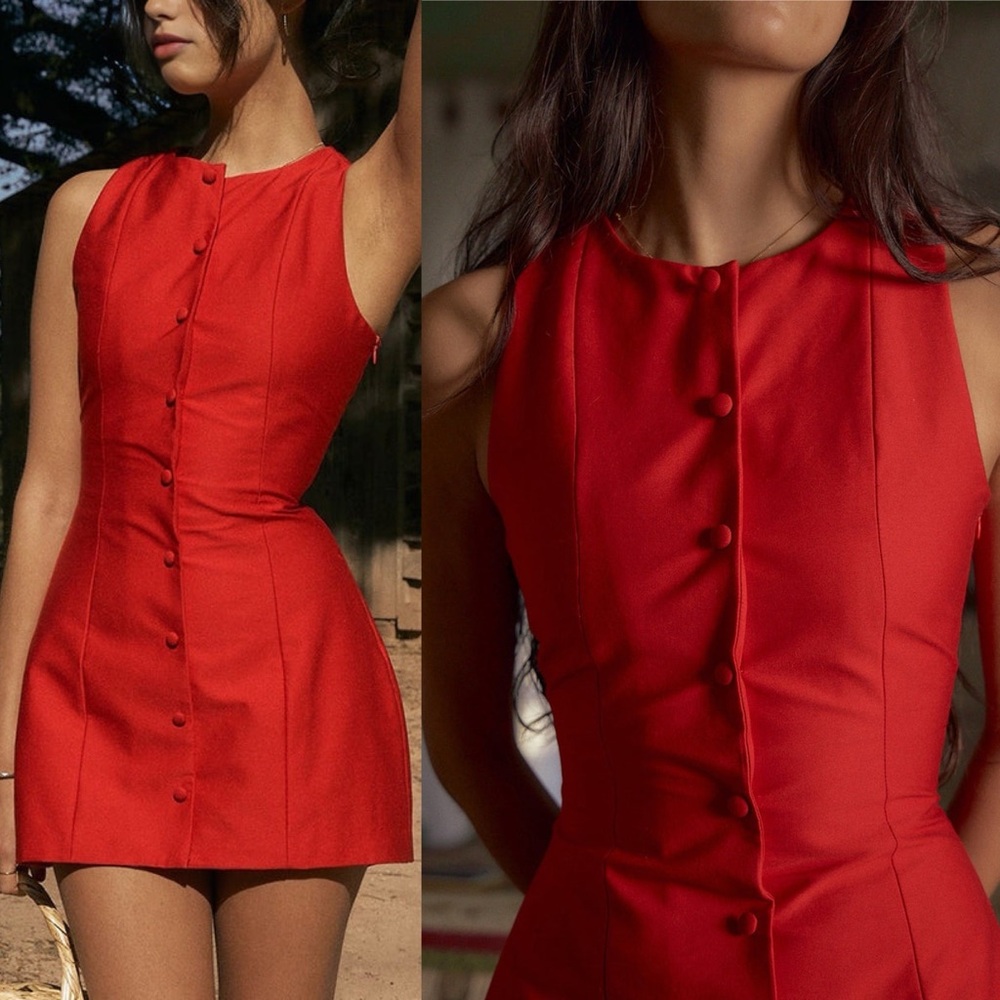 Red button front mini dress